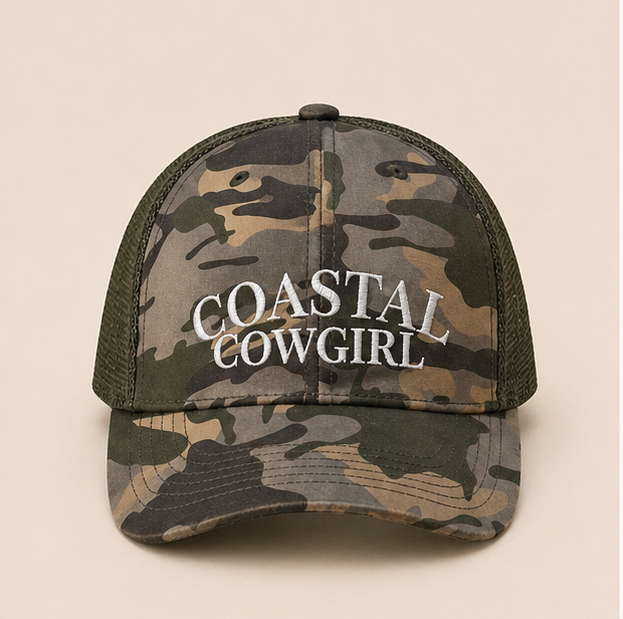 Coastal Cowgirl Hat, Camo Trucker Hat, Western Aesthetic Hat, Country Girl Hat, Boutique Embroidered Hat, Trendy Womens Hat